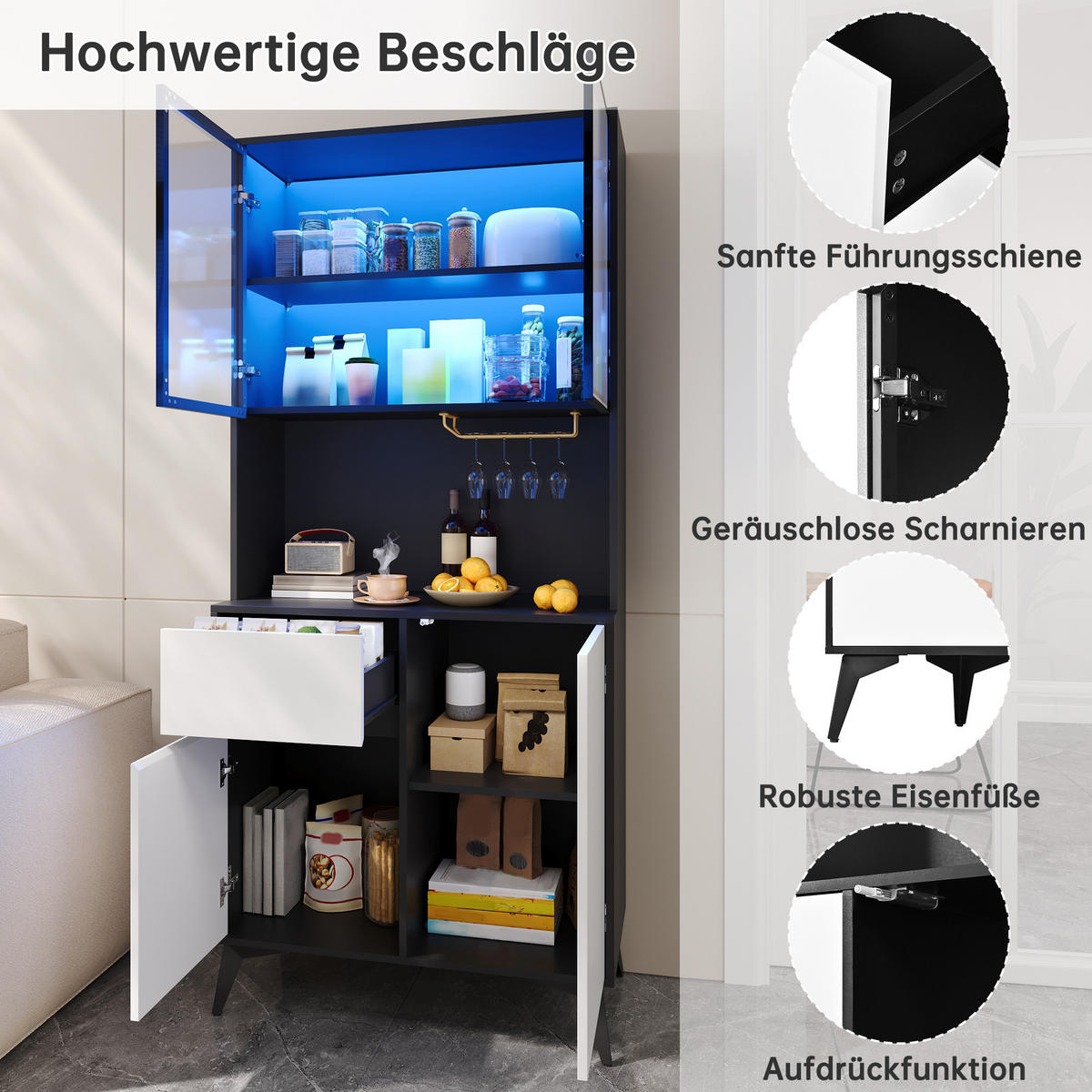 VITRINE LED Hochschrank Glas MDF Schwarz Weiß Modern - Multicolor, Holzwerkstoff (80/180/40cm) - FLIEKS