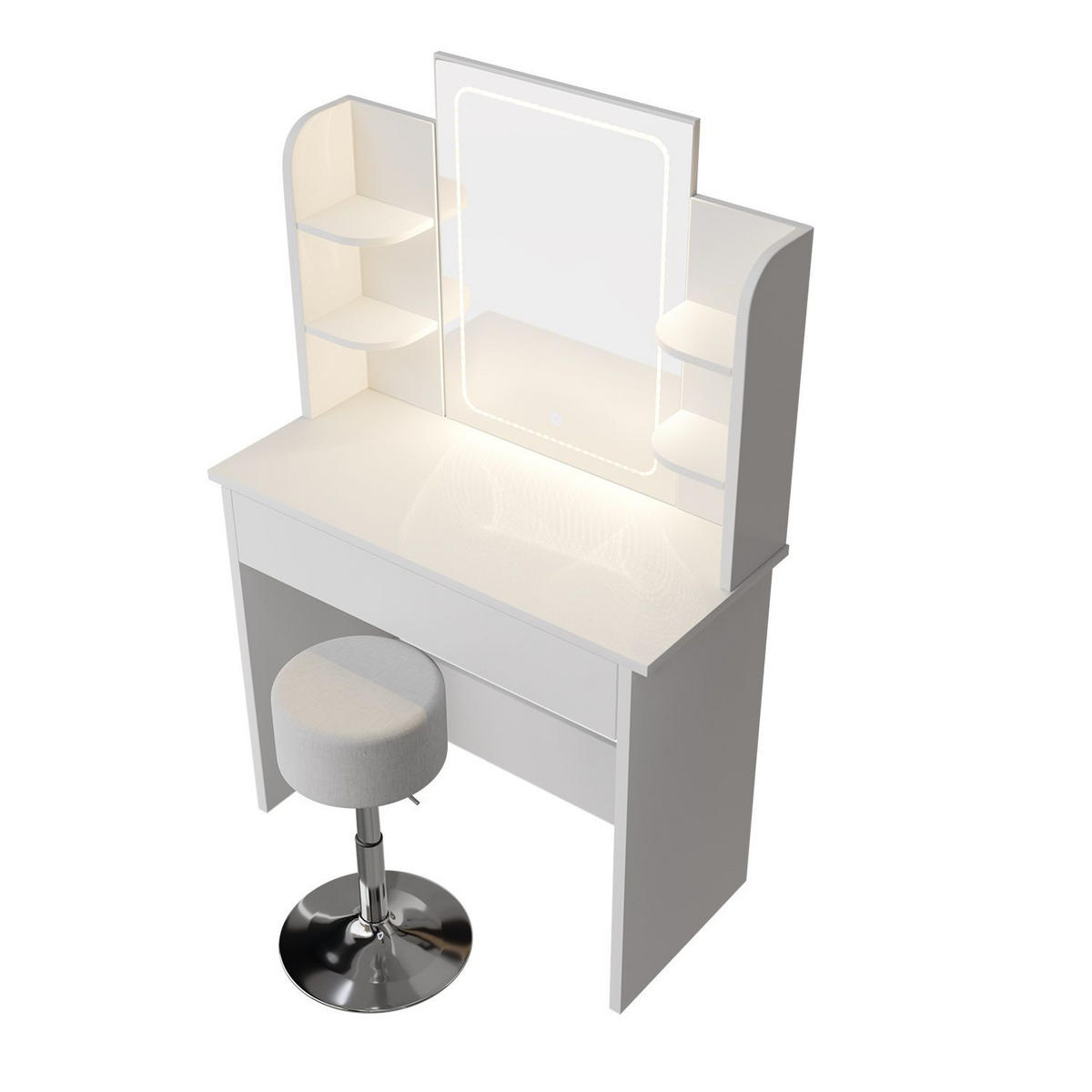 SCHMINKTISCH Zoey LED-Spiegel & Hocker Tonia - Weiß, Holz (40/140/90cm) - Juskys