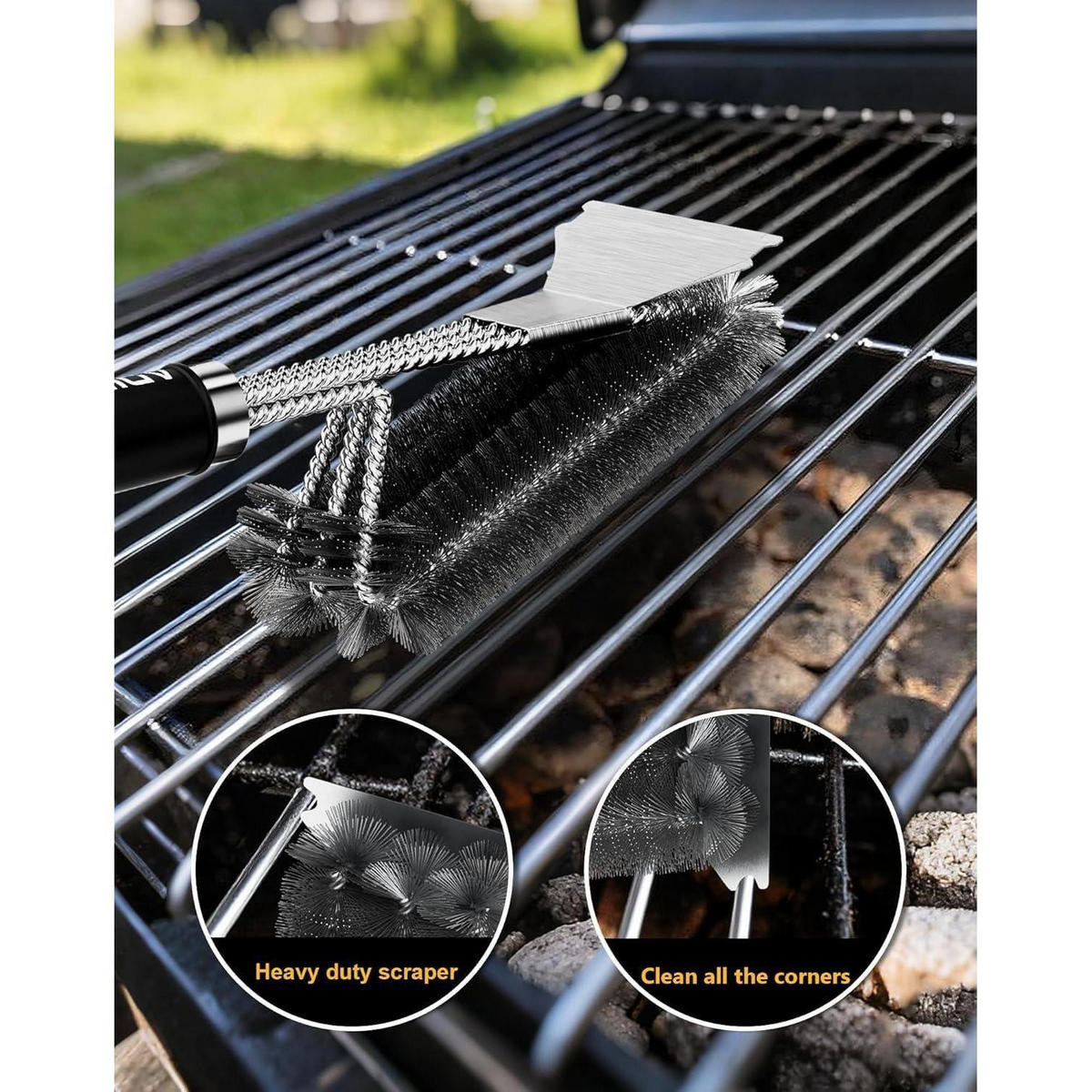 GRILLBÜRSTE mit Schaber und langem Griff - Schwarz, Metall (8.5/45.7/43cm)