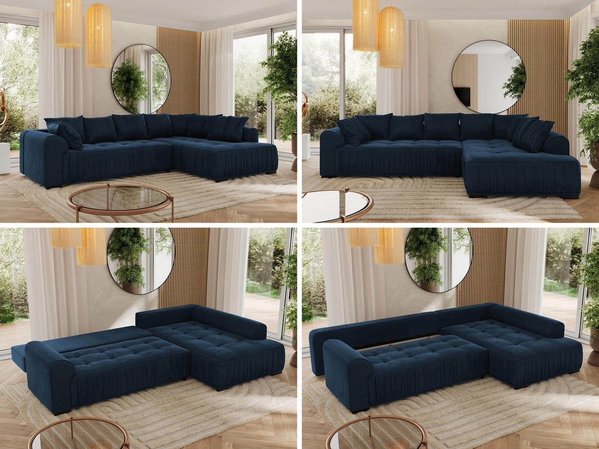 ECKSOFA ORTA Dunkelblau Velvet - Links - Blau/Schwarz, Textil (325/200cm) - MKS