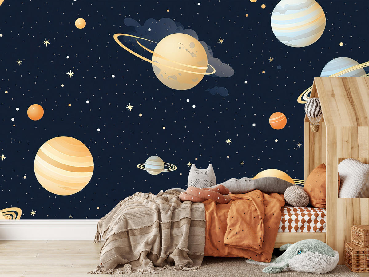 FOTOTAPETE für Kinderzimmer Märchen Galaxie Planeten Sterne 100x70 - Blau/Gelb, Papier (100/70cm) - Muralo