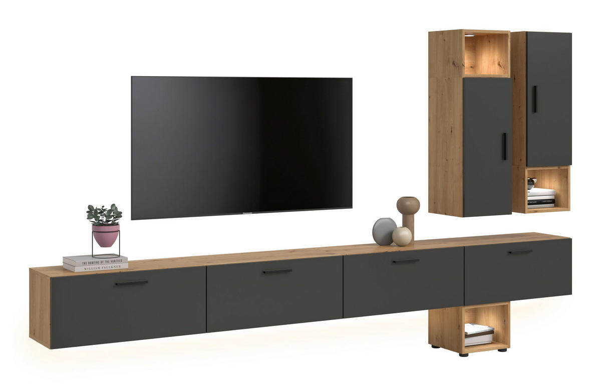 WOHNWAND INKL BELEUCHTUNG The One Basalt grau 300/34/178 cm - Braun, Holzwerkstoff (300/178/34cm) - Xonox