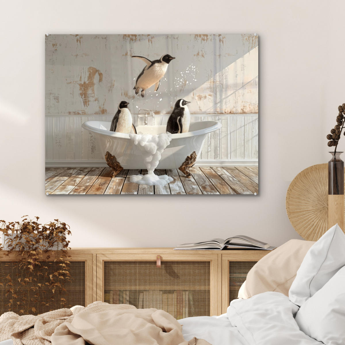 ACRYLGLASBILD Vintage - Pinguin - Badewanne - Schaumstoff 80x60 cm - Schwarz, Glas (80/60cm) - MuchoWow