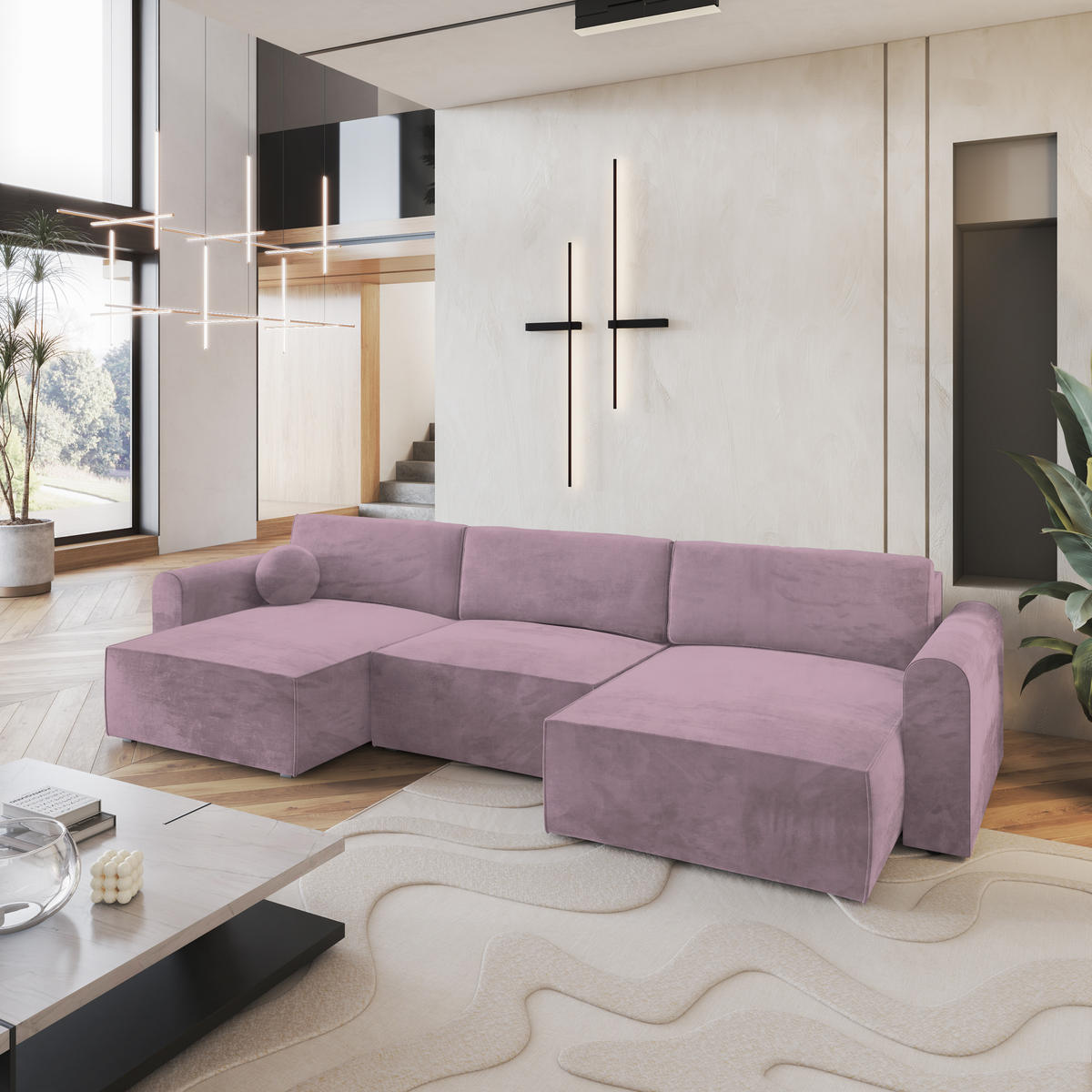 WOHNLANDSCHAFT FENTO M Lila Velours-Stoff mit Schlaffunktion - Lila, Holz (347/90/148cm) - MASSENO