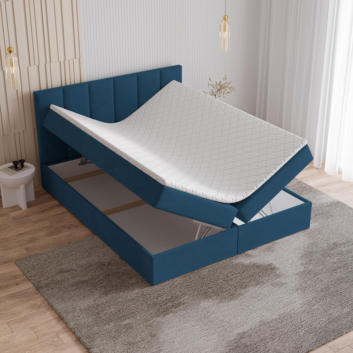 BOXBETT MERIL 140x200 cm mit Matratze und Topper - Blau - Blau, Holz (140/200cm) - MASSENO