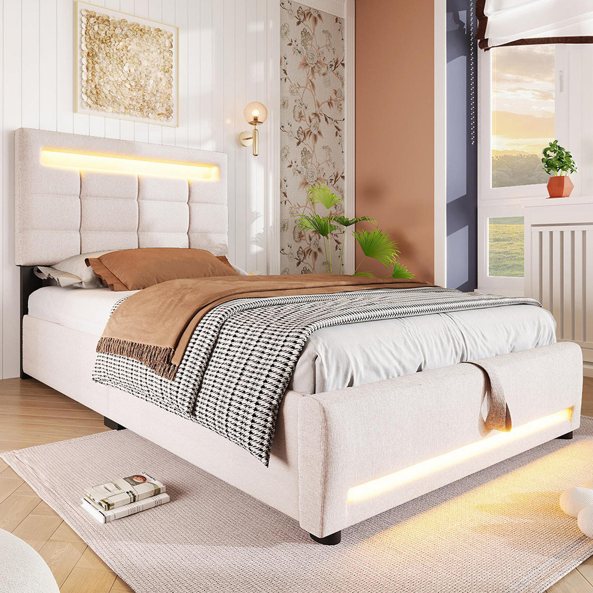 POLSTERBETT 90x200cm Mit USB-Buchse, Leinen, Beige - Beige, Holz/Textil (90/200cm) - KOMHTOM