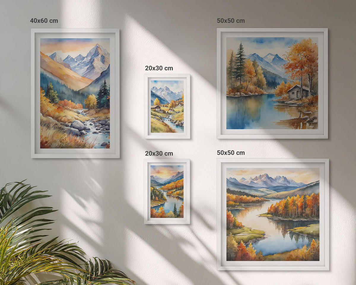 WANDBILDER 5er-Set - 50x50 cm & 20x30 cm & 40x60 cm Weißer Rahmen - Berglandschaft, Flusshütten - Weiß, Kunststoff (40/60cm) - ArtPrintCave