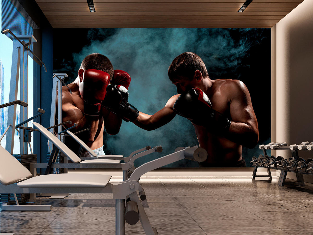 FOTOTAPETE für Jugendzimmer Boxer Männer Training Kampf Rauch 450x315 - Beige/Rot, Papier (450/315cm) - Muralo