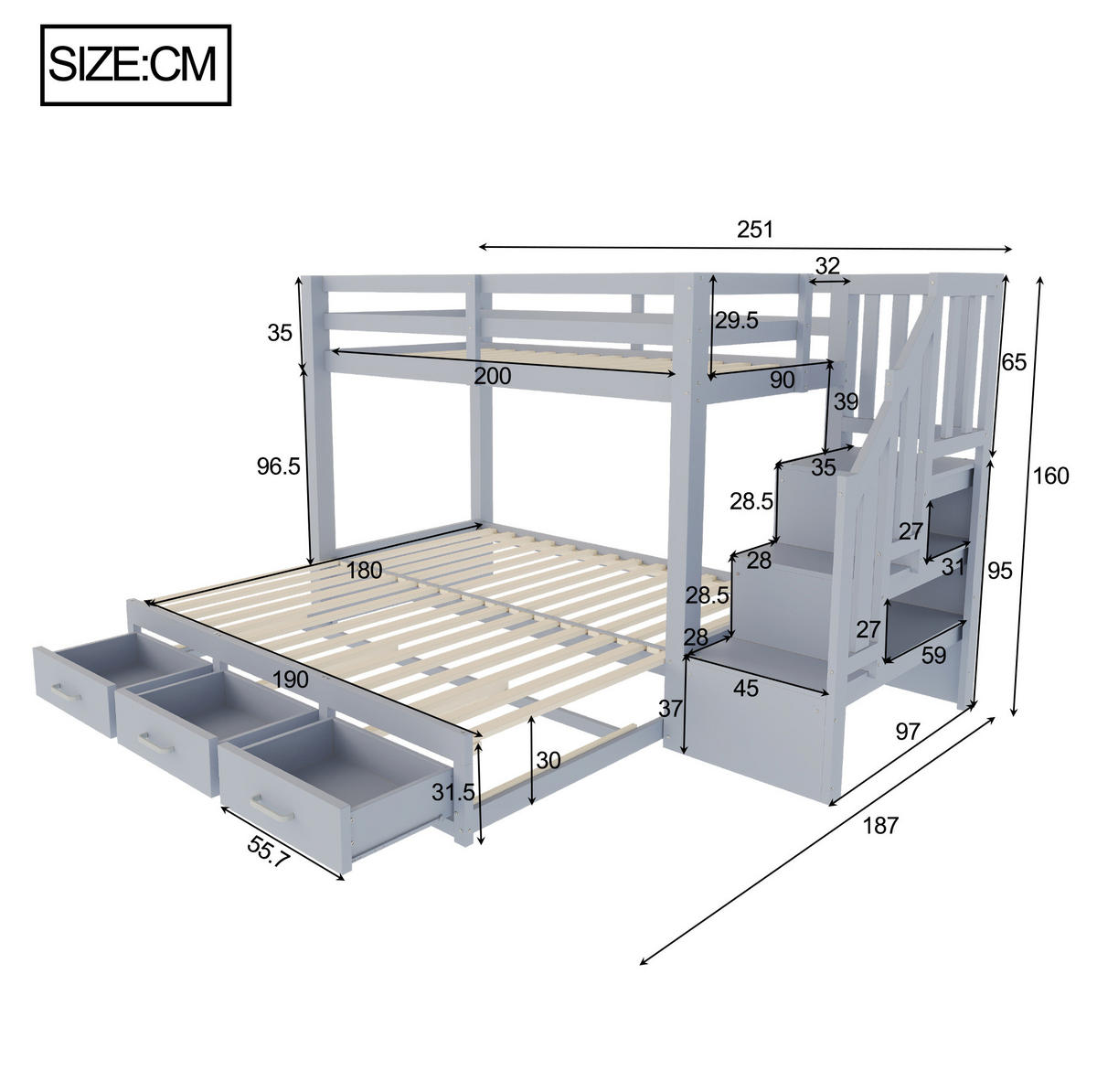 ETAGENBETT mit Ausziehbett und Stauraum 90x200 cm Kiefernholz Grau - Grau, Holzwerkstoff (90/200cm) - Beauniv
