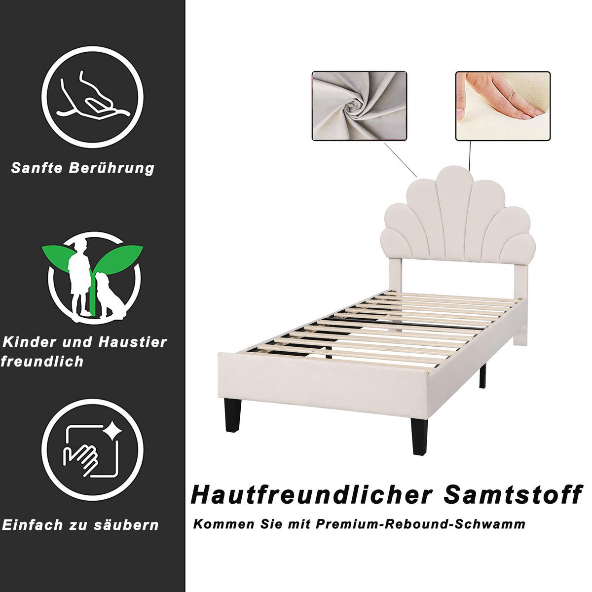 POLSTERBETT 90/200 cm Beige mit Blumen-Kopfteil und Lattenrost - Beige, Textil (90/200cm) - Flora Grace