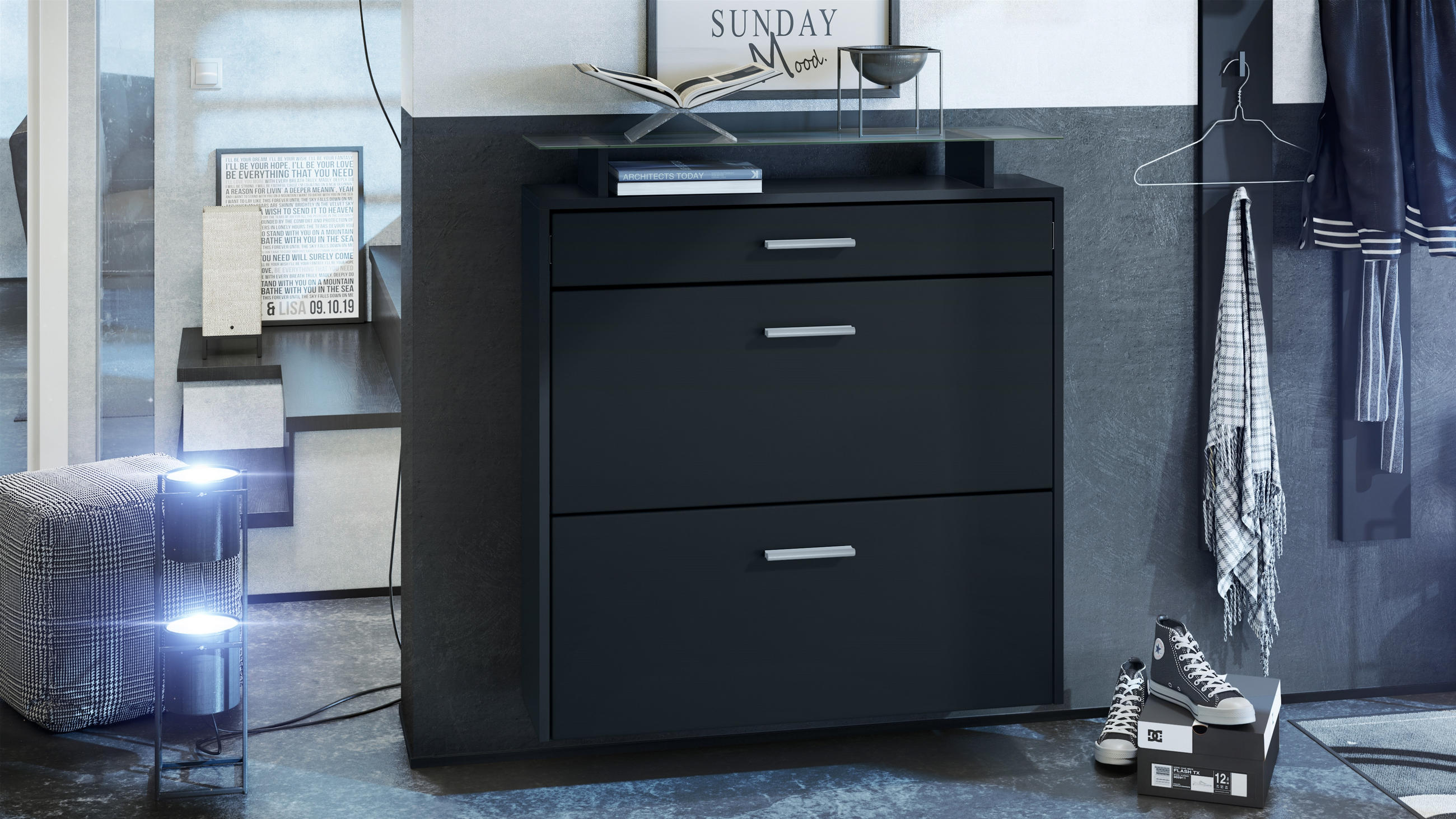 Vladon SCHUHSCHRANK Schwarz 89cm × 23cm × 96cm