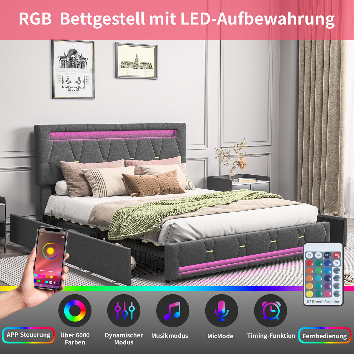 BETT 140 x 200 cm mit 4 Schubladen und LED, mit LED-Kopftei - Grau, Holzwerkstoff/Textil (140/200cm) - WoodenAura