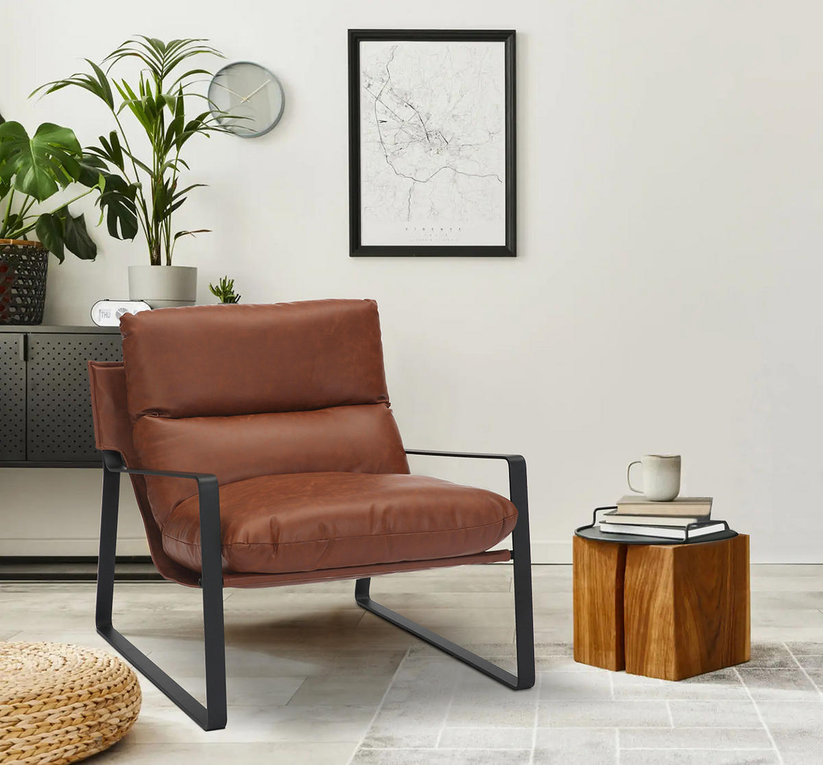 LOUNGESESSEL - Schwarz/Braun, Leder/Kunststoff (76/76/81cm) - home24