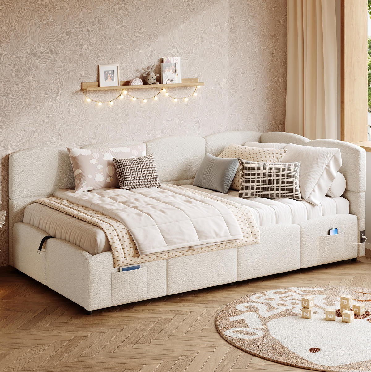 POLSTERBETT aus Schleife 90x200 cm in Beige mit Stauraum & USB - Beige, Textil (90/200cm) - Modfu