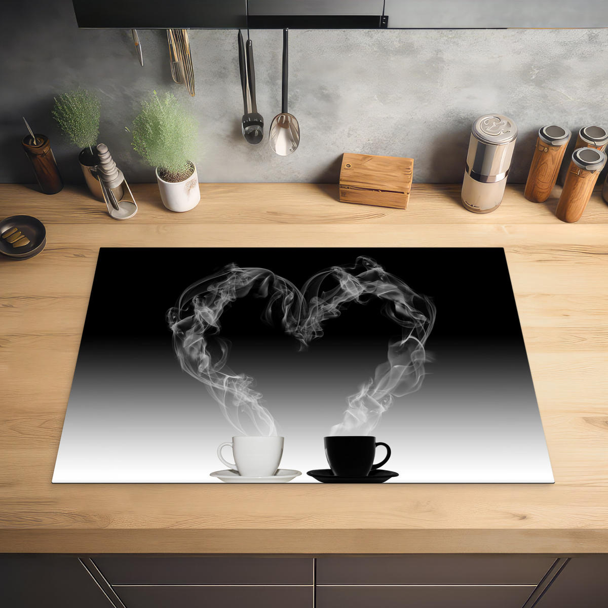 HERDABDECKPLATTE Kaffee - Herz - Schwarz und weiß - Tassen 76x51 cm - Weiß, Kunststoff (76/0.2/51.5cm) - MuchoWow