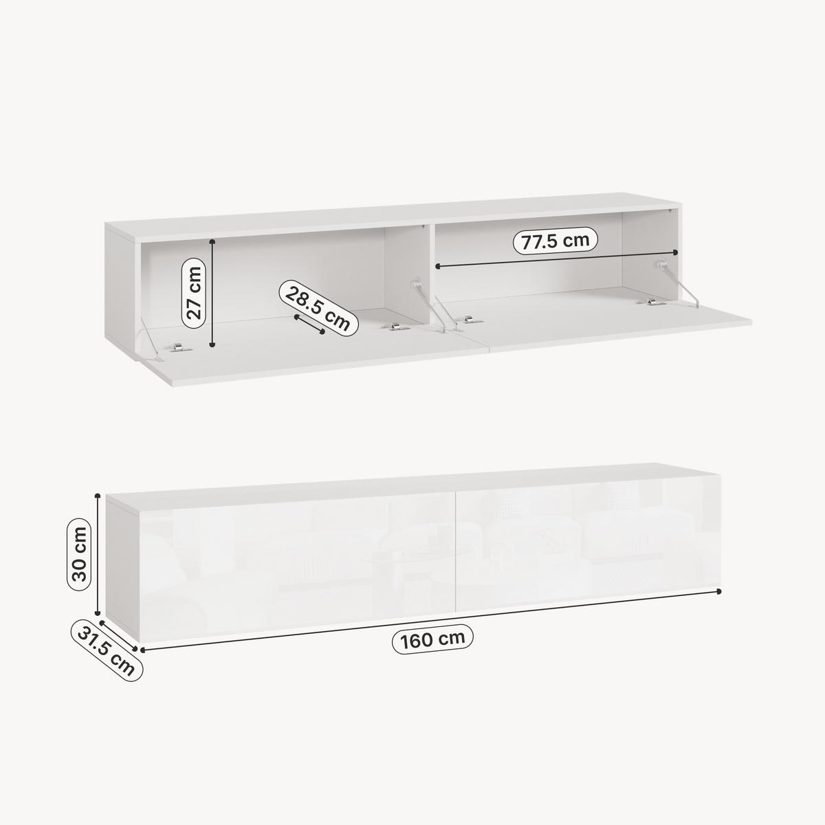 HÄNGELOWBOARD Evaton - Weiß Hochglanz, Holzwerkstoff (160/30/31.5cm) - [en.casa]
