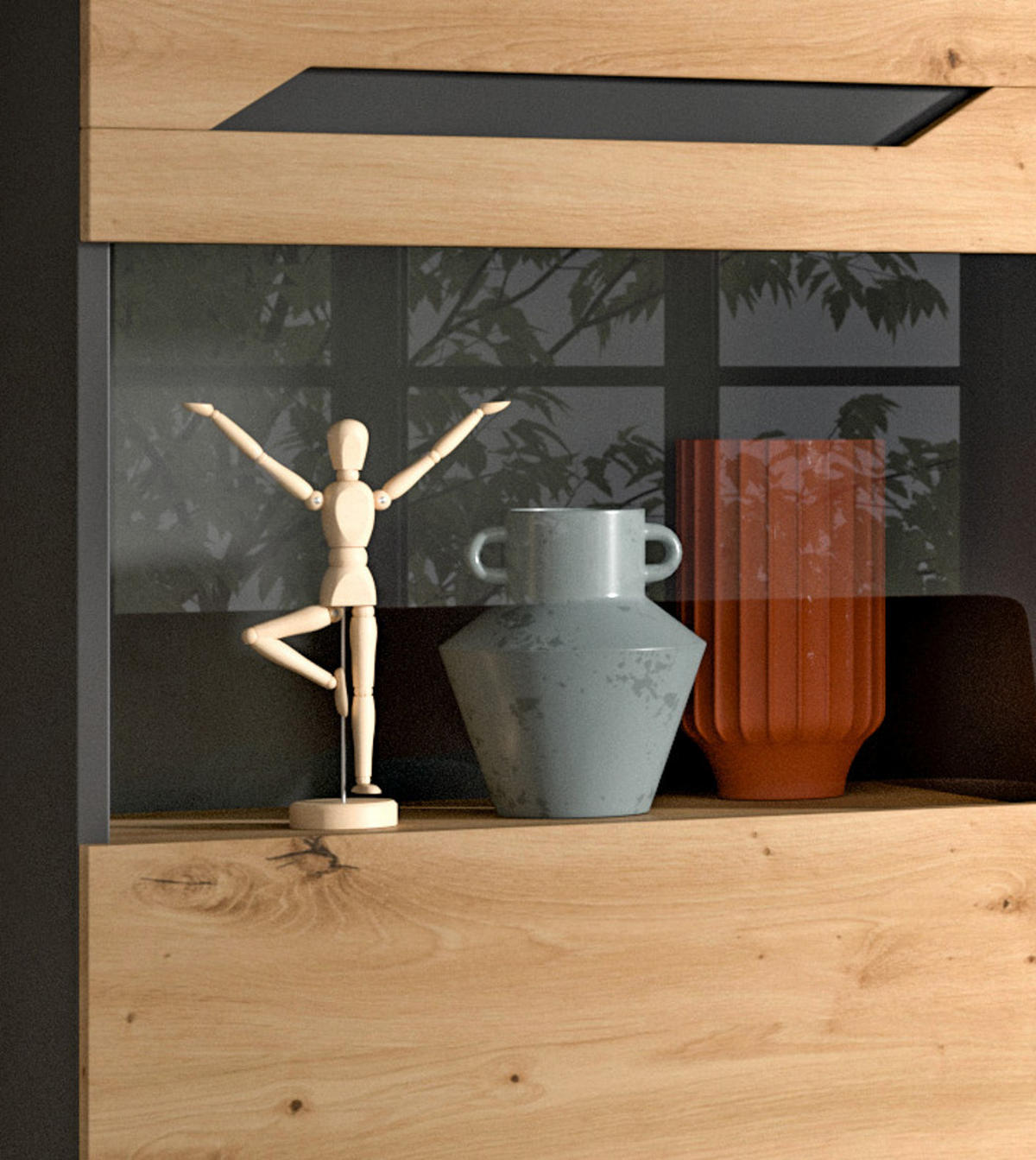 WOHNWAND Eiche Artisan und Grau, Set mit 2x Vitrine hängend / stehend, Breite 260 cm - Dunkelgrau/Schwarz, Glas/Holzwerkstoff (354/196/40cm) - Inn.Furn