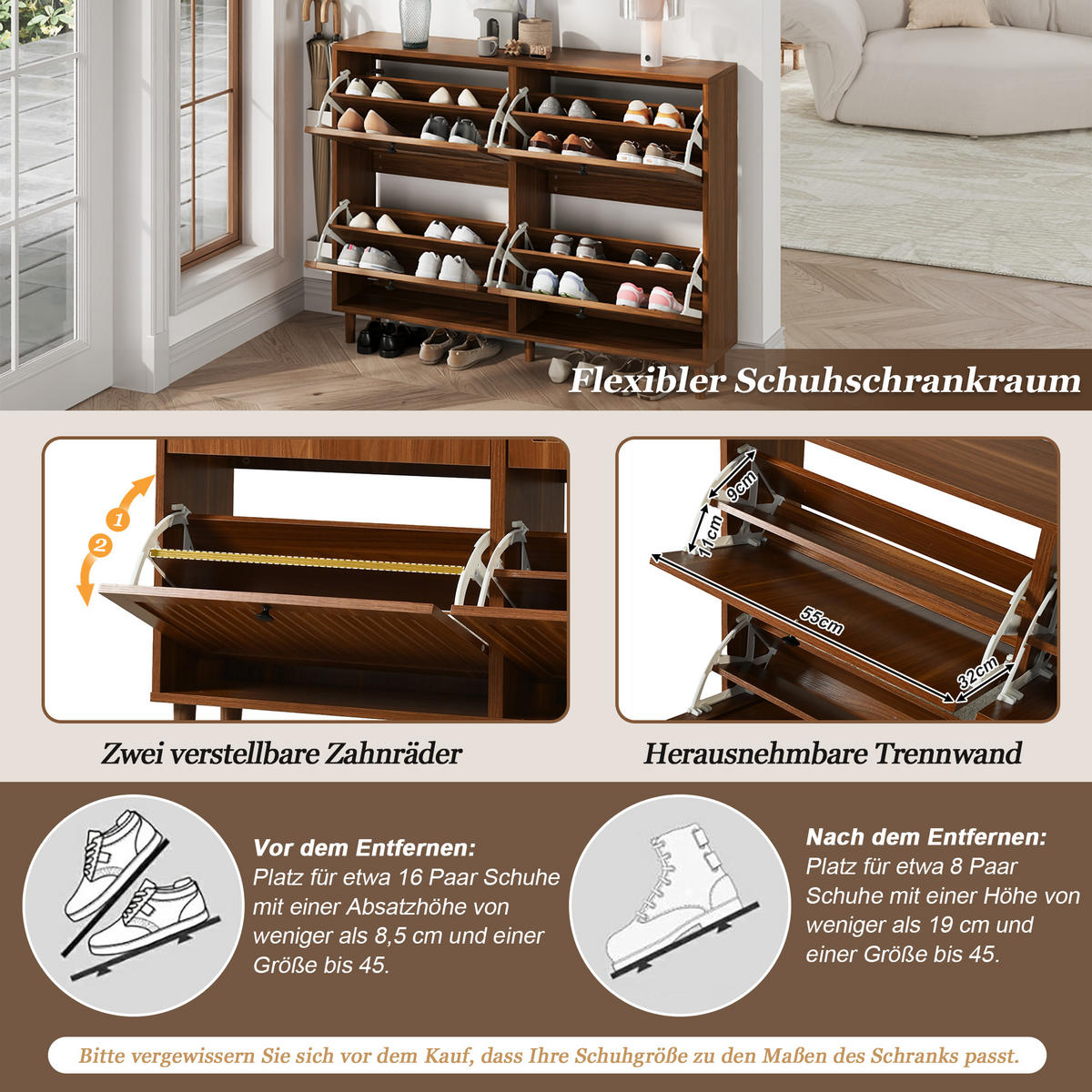 SCHUHSCHRANK in Walnussfarben mit 4 Kipptüren mit 8 Fächern für Flur, B120/T24/H90 cm - Walnussfarben, Holzwerkstoff (120/90/24cm) - STILVORA