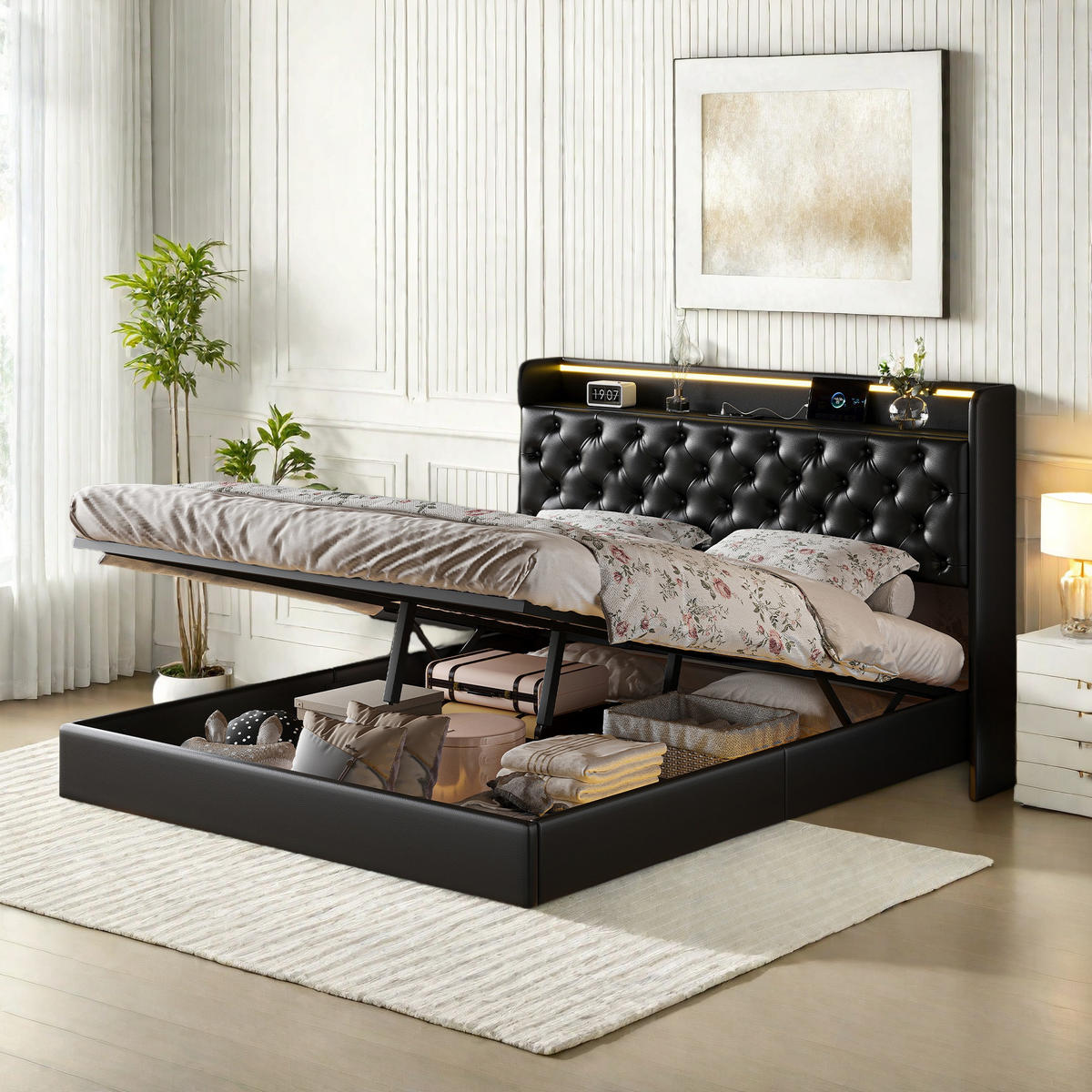 POLSTERBETT 140x200 cm Schwarz PU LED USB Bettkasten - Schwarz, Holz (140/200cm) - SHOPENTRA