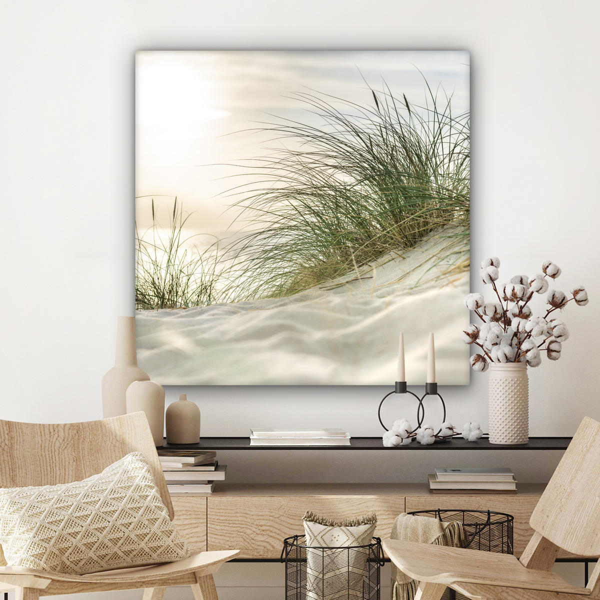 LEINWANDBILD Dünen mit Strandhafer in der Sonne des Nationalparks Schleswig-Holsteinisches Wattenmeer Deko Groß 90x90 cm - Creme, Textil (90/90cm) - MuchoWow