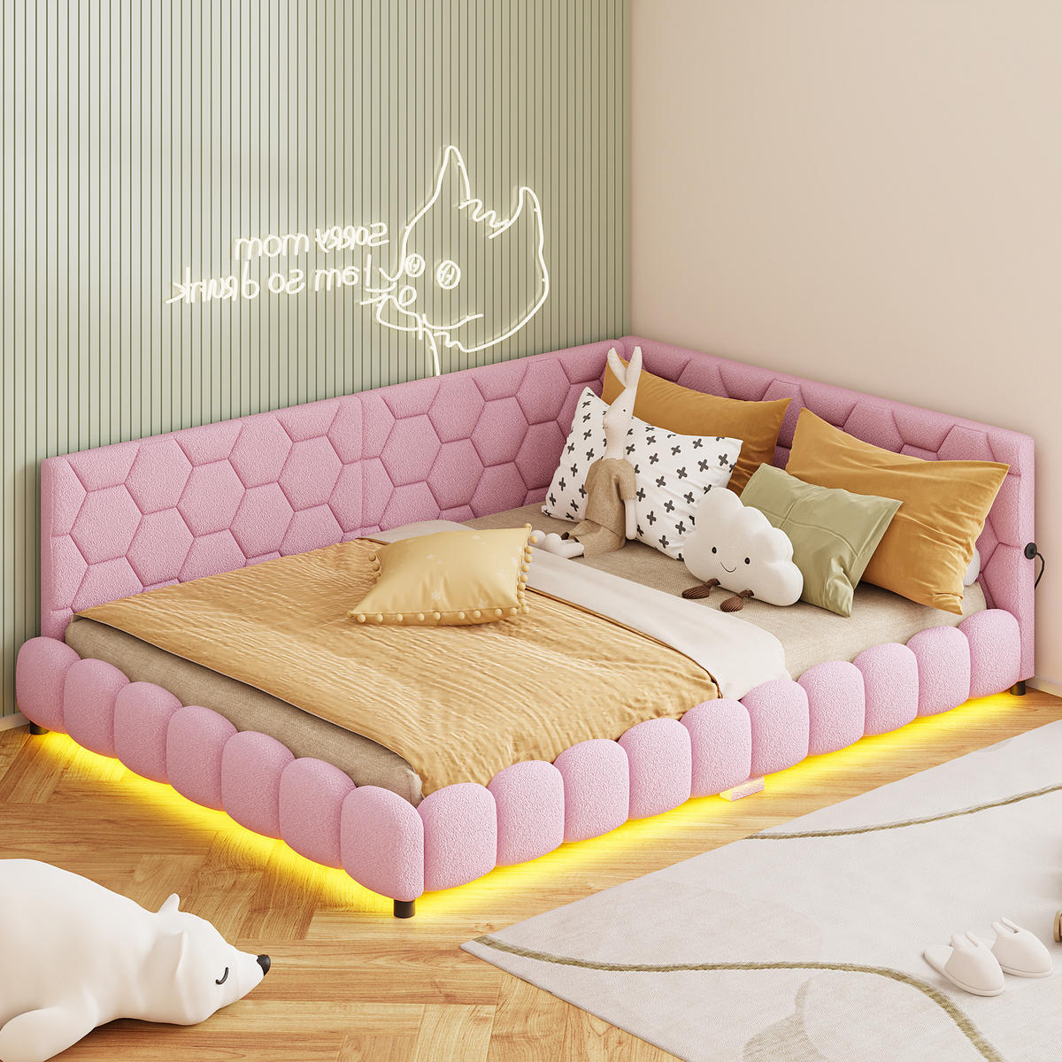 POLSTERBETT 140x200 cm aus Lammwolle, umlaufende RGB-LED, USB-Anschluss, in Rosa - Rosa, Holz (140/200cm) - BRILVERDE