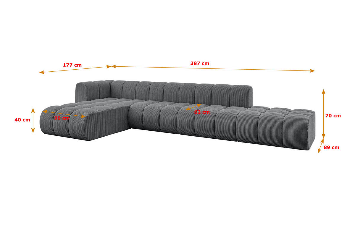 ECKSOFA modulares Sofa Zuvon-L2 - 387x177x70 cm Dunkelgrau - Dunkelgrau, Holzwerkstoff/Textil (387/177cm) - ALTDECOR