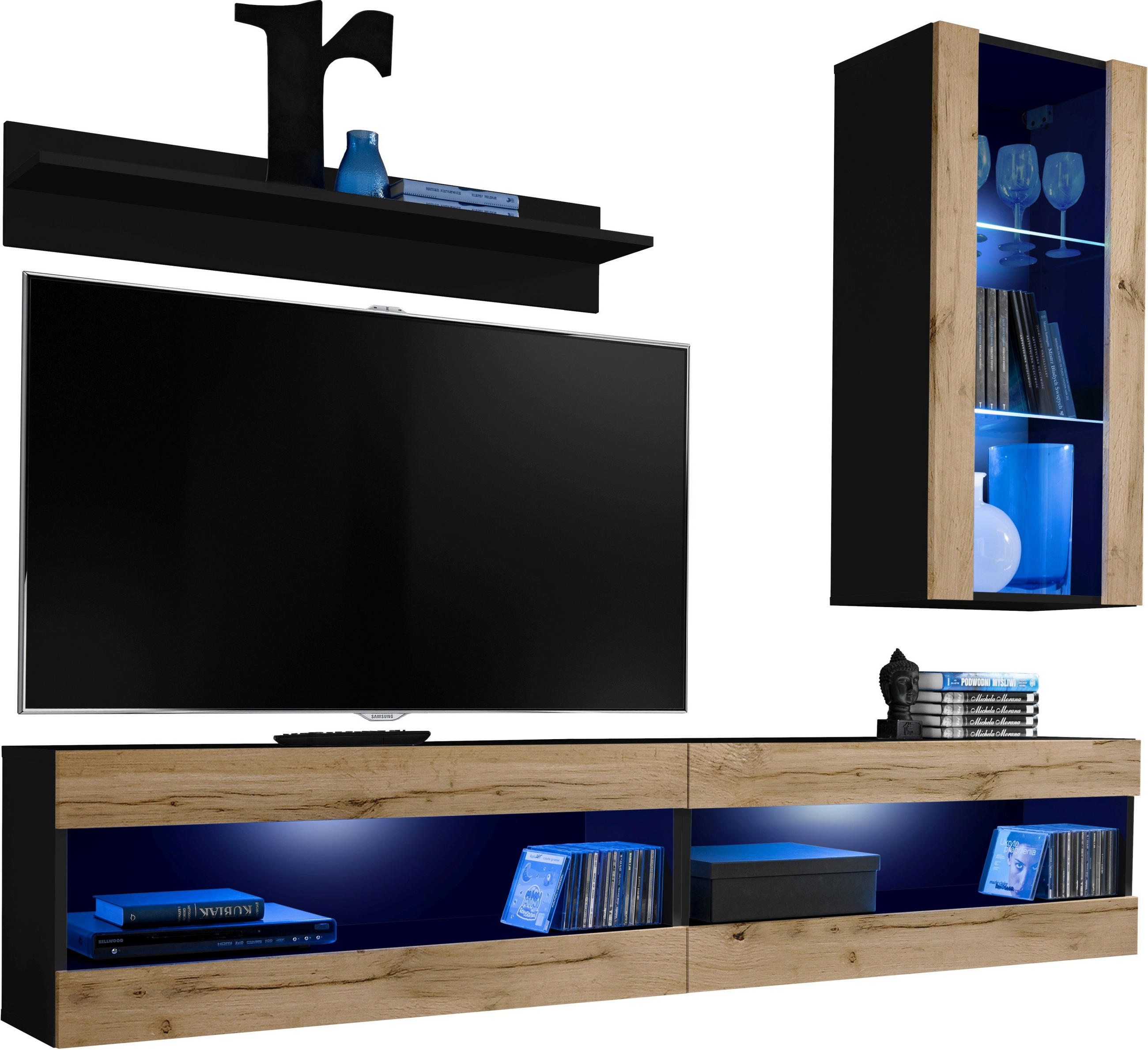 WOHNWAND TIVOLI SET5-BLACK/WOTAN+BLU Offener Raum Schwarz Wotan - Eiche Wotan/Schwarz, Glas/Holzwerkstoff (200/195/35cm) - Komodee