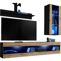 WOHNWAND TIVOLI SET5-BLACK/WOTAN+BLU Offener Raum Schwarz Wotan - Eiche Wotan/Schwarz, Glas/Holzwerkstoff (200/195/35cm) - Komodee