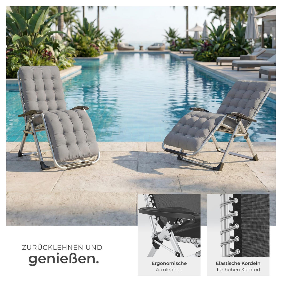 SONNENLIEGE 2er Set Cloud, 84 x 168 x 82,5 cm, mit Ablagetisch, hellgrau - Hellgrau, Kunststoff (84/103/113cm) - tectake