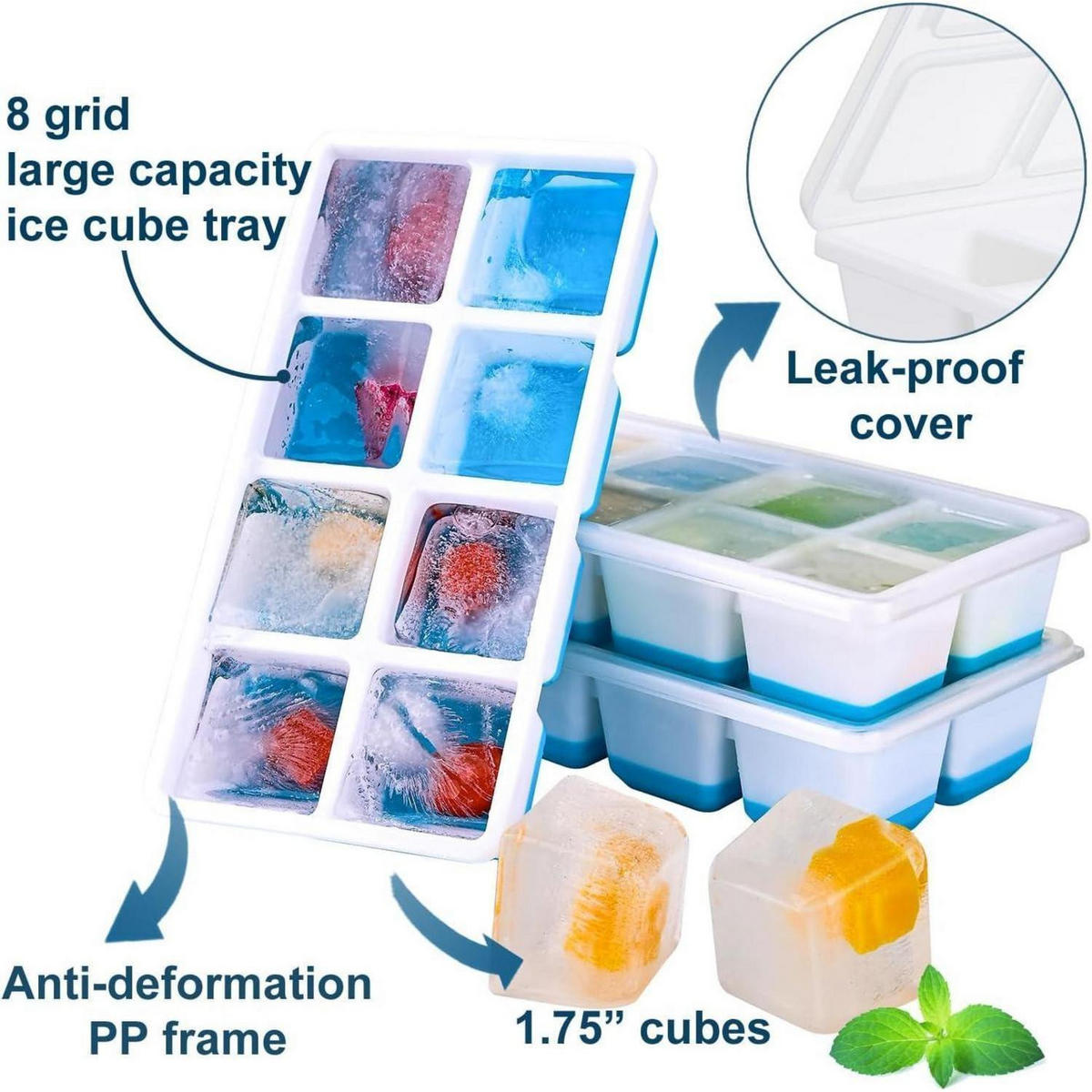 EISWÜRFELFORMEN 3er-Pack mit Deckel Blau 4,5 cm - Blau, Kunststoff (10.9/4.1/21.1cm)