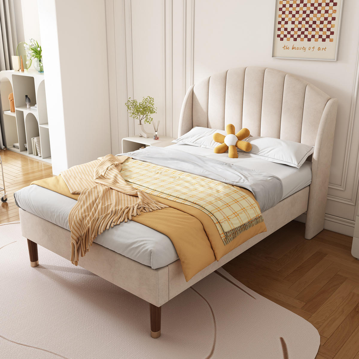 POLSTERBETT 90/200 cm mit Lattenrost, hohem Kopfteil und Holzfüßen aus Samt, Beige - Beige, Textil (90/200cm) - Redom