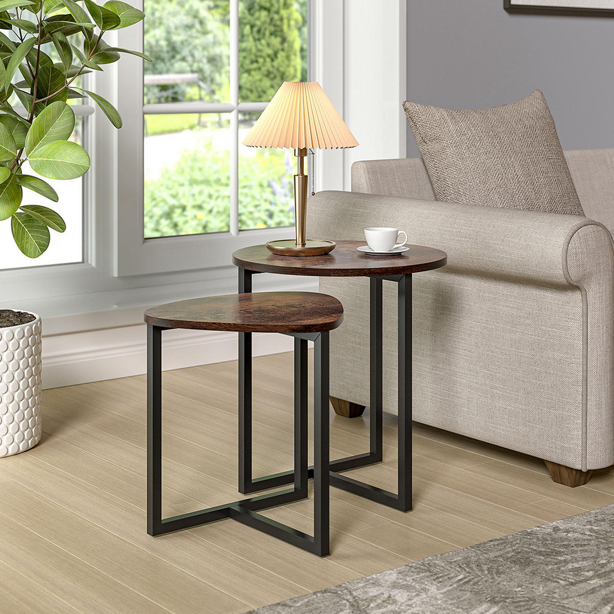 BEISTELLTISCH 2er-set aus MDF Metall in Braun Rund & Dreieckig Stabiles Metallgestell 42 × 37 × 40 cm 5,8 kg - Schwarz/Braun, Holzwerkstoff/Metall (37/42/40cm) - Livingandhome