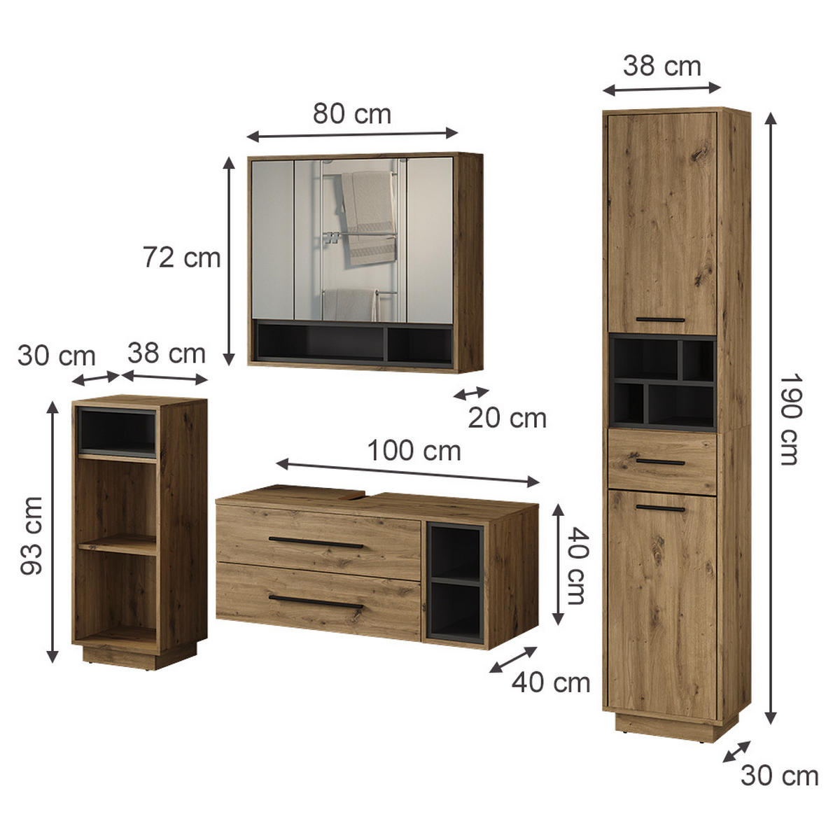 BADMÖBEL-SET Beatrice, Artisan-Eiche/Anthrazit, 4-teilig - Anthrazit/Eiche Artisan, Holzwerkstoff (100/40/40cm) - Vicco