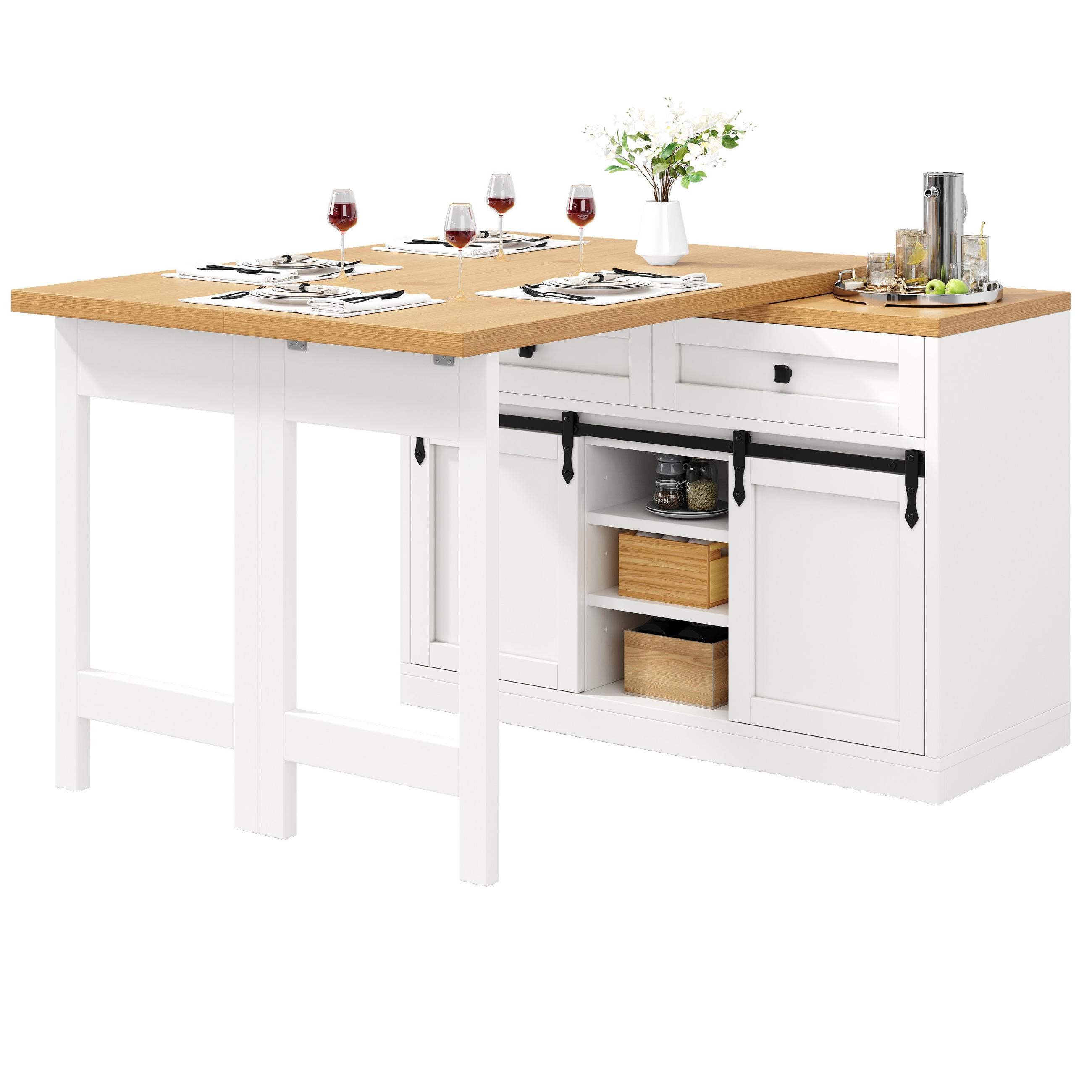 KÜCHENINSEL-ESSTISCH Weiß 120–197×40×72 cm mit 360° drehbarer Tischplatte und Barn-Schiebetüren aus Holzwerkstoff und Metall - Weiß, Holzwerkstoff (120/72/40cm) - Luhomfu