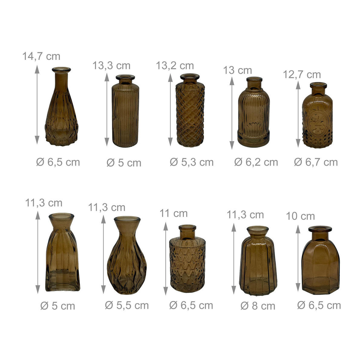 10xVASEN - Braun, Glas (14.5cm) - Relaxdays
