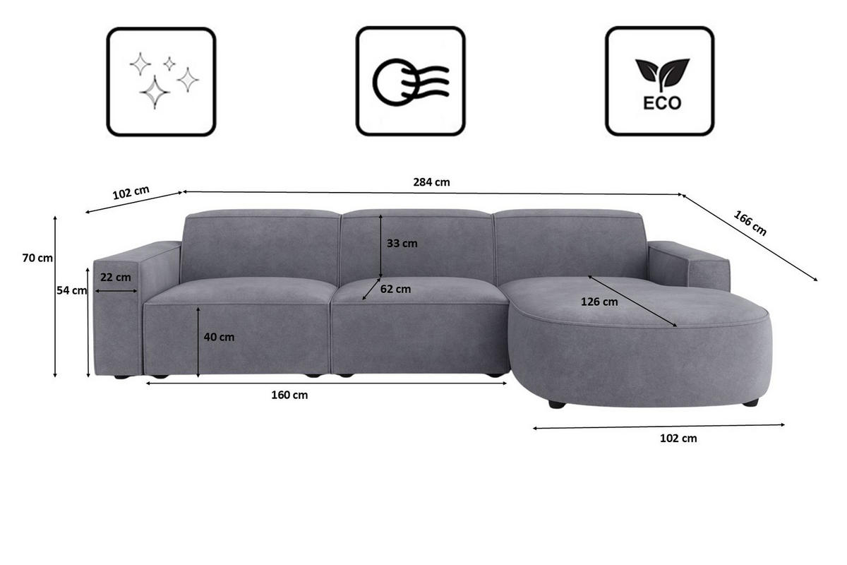 ECKSOFA Cursal Round L-Form, Stoff Salvador, Grau, Rechts - Grau, Holz (284/166cm) - Kaiser Möbel