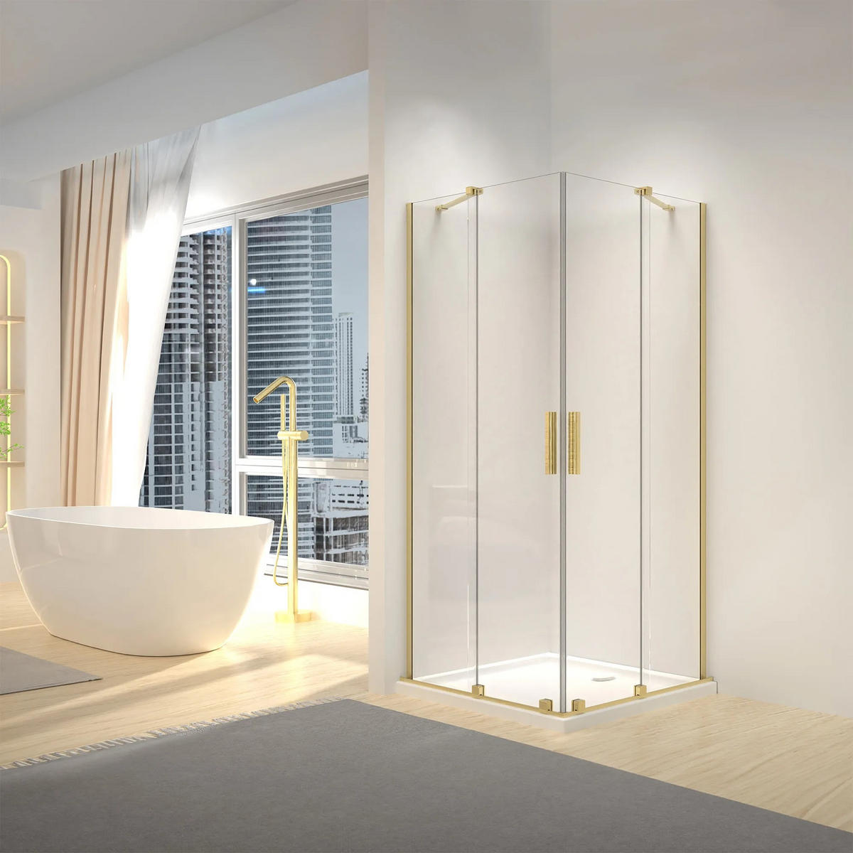 DUSCHKABINE Rea Montana Double Gold Brush 90x90 - Goldfarben, Glas (90/90/200cm) - REA
