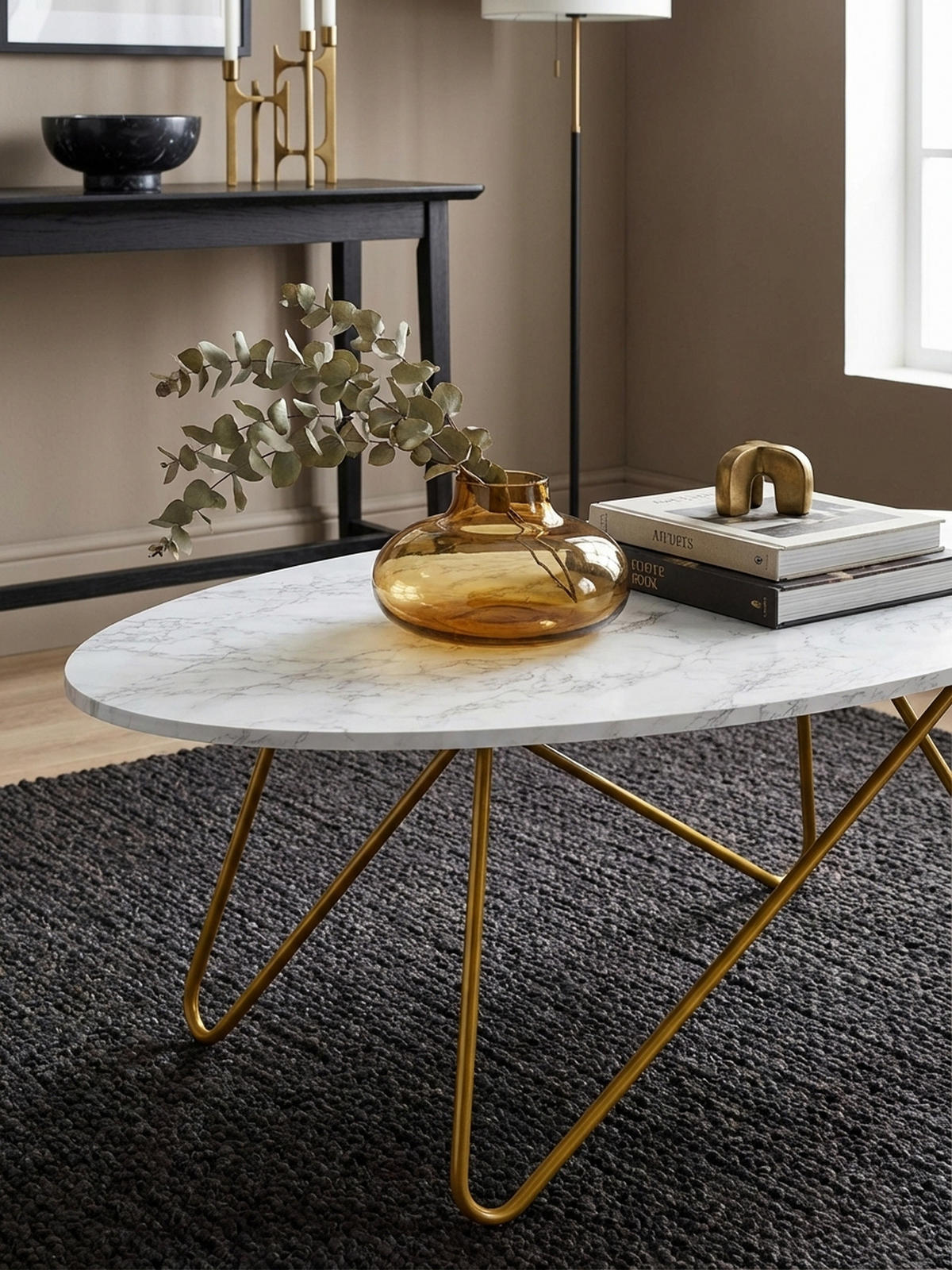 COUCHTISCH Oval in Marmor-Optik mit goldfarbenem Gestell, Maße 120x40x60 cm - Goldfarben/Weiß, Holz/Metall (60/120/40cm) - KADIMA DESIGN