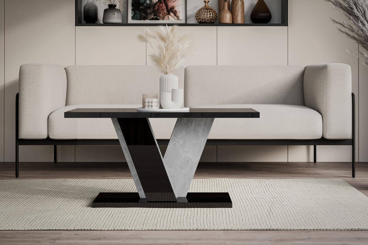 KAFFEETISCH 110x70x60 cm - Hochglanz Schwarz / Betonoptik - INEY - Schwarz Hochglanz, Holzwerkstoff (110/70/60cm) - ALTDECOR