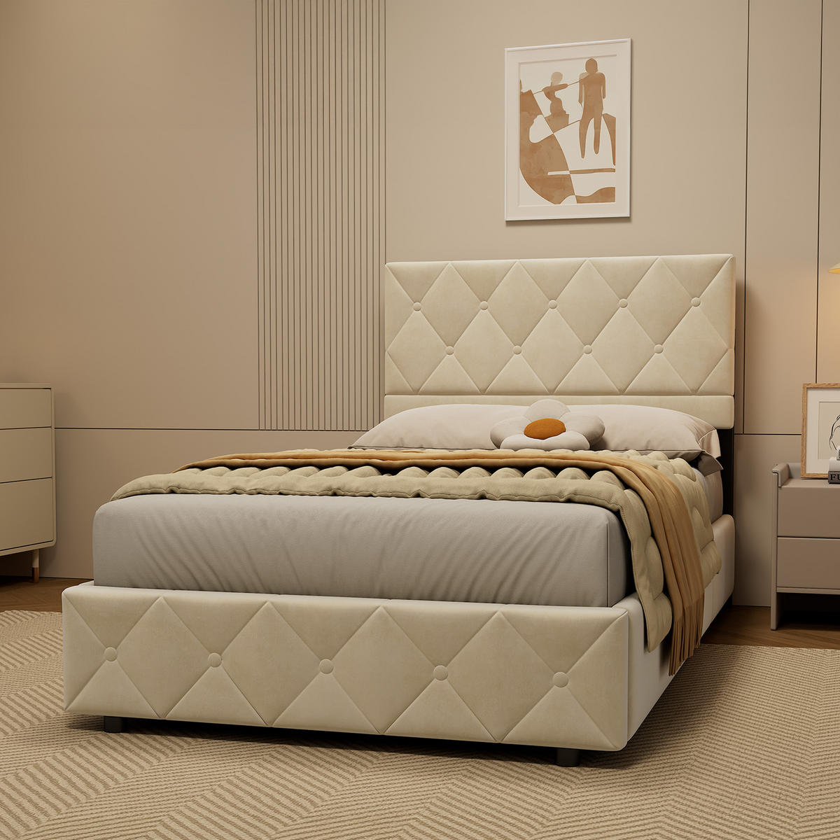 POLSTERBETT 90/190 cm in Beige Samt mit Bettkasten, hydraulischem Doppelhub-System und Lattenrost - Beige, Holzwerkstoff/Textil (90/190cm) - CHICFURN
