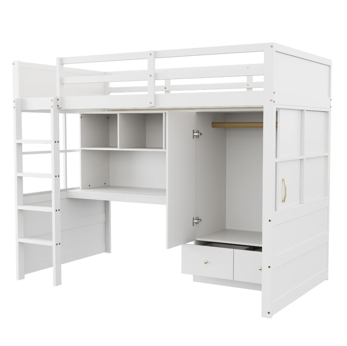 HOCHBETT 90/200 cm in Weiß mit Schreibtisch, Kleiderschrank und Schubladen - Weiß, Holzwerkstoff (90/200cm) - Flora Grace