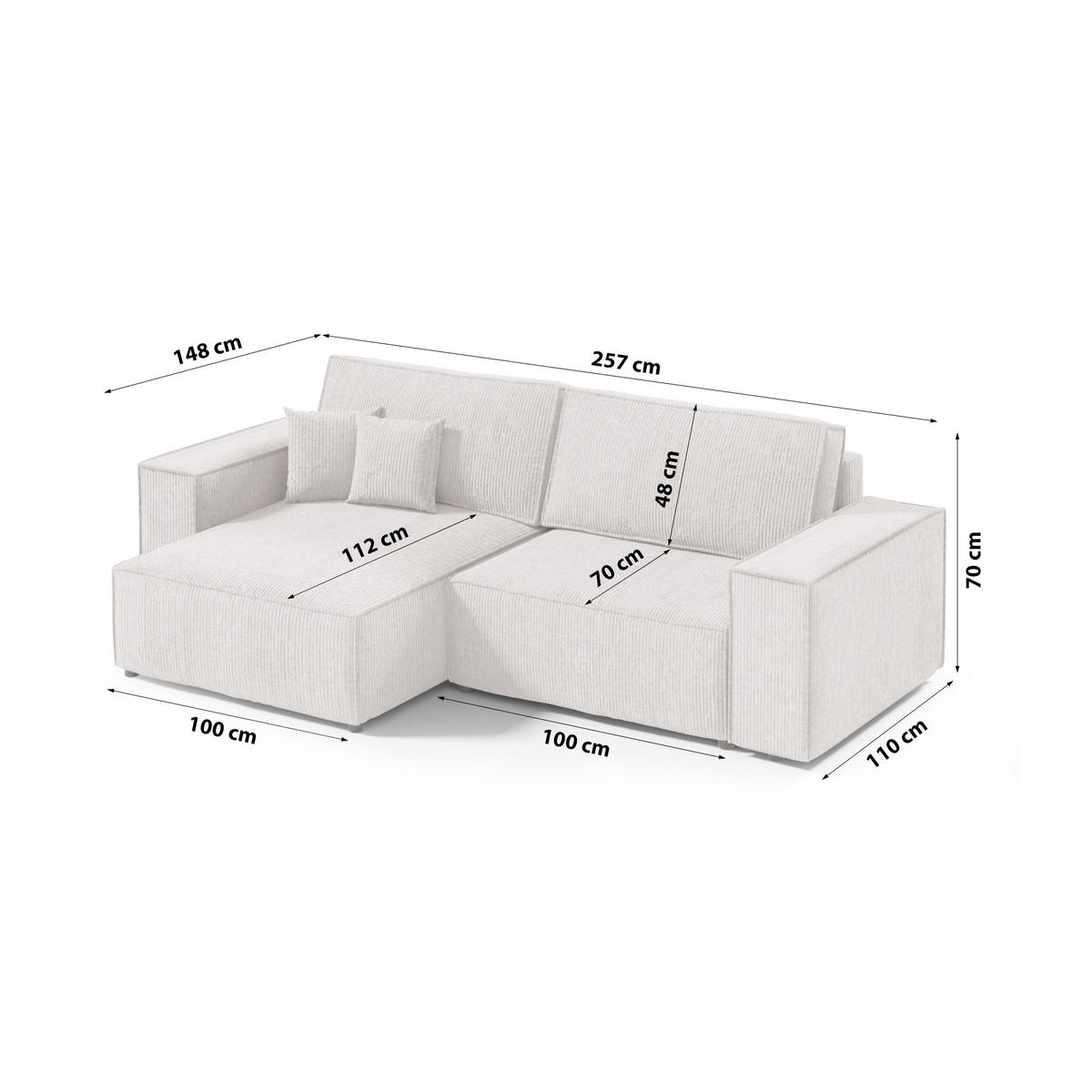 ECKSOFA Schlaffunktion Sekwana mini Creme - Creme, Textil (148/257cm) - Fedve