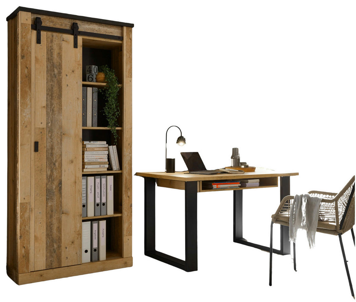 BÜROMÖBEL-SET Used Wood hell, anthrazit, mit Aktenschrank - Eichefarben/Anthrazit, Holzwerkstoff/Metall (60/220/201cm)