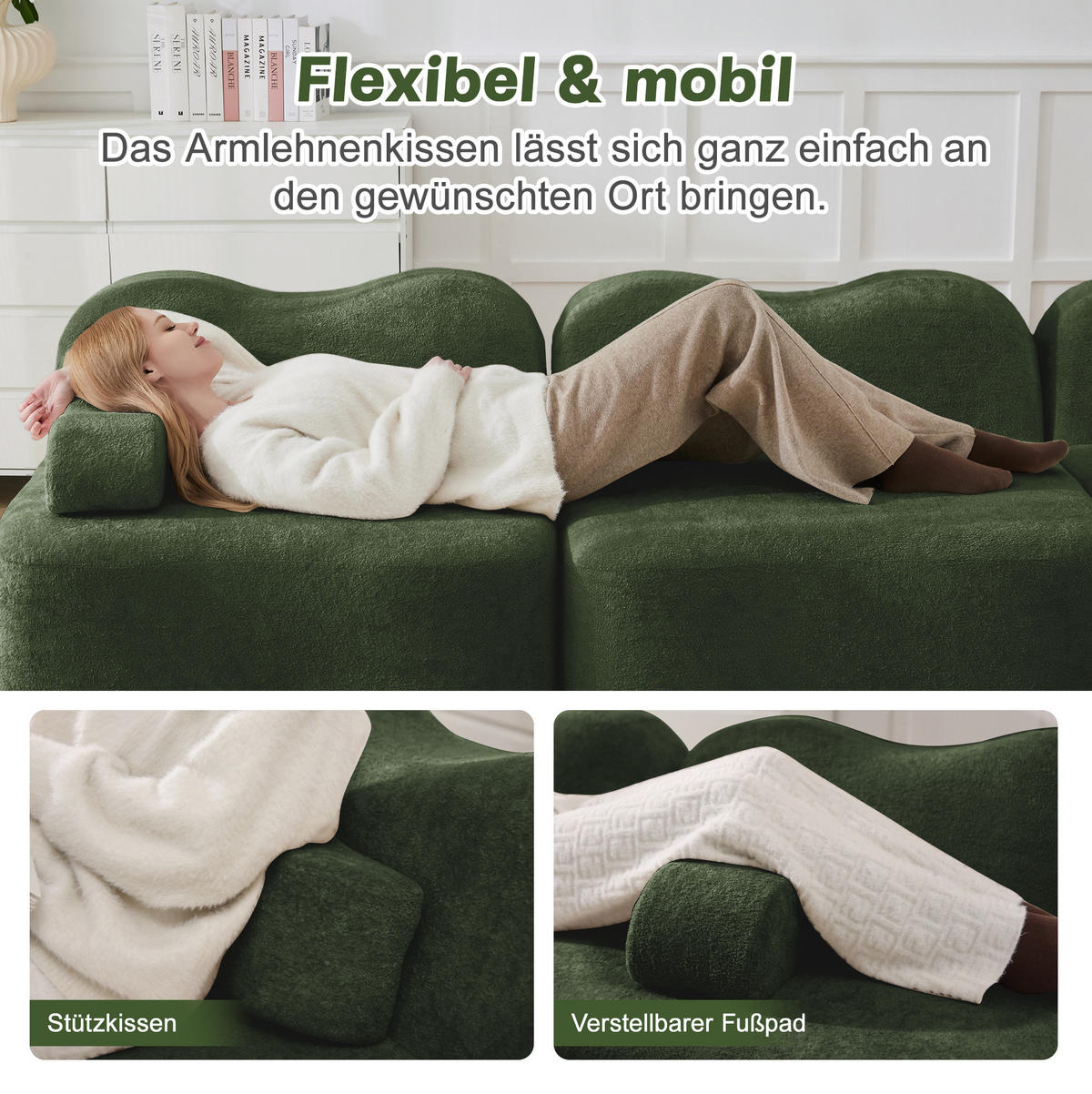MODULARES 3-Sitzer Sofa mit tiefer Sitzfläche, Wellenform und Samtbezug, Grün - Grün, Textil (288/70/98cm) - Redom