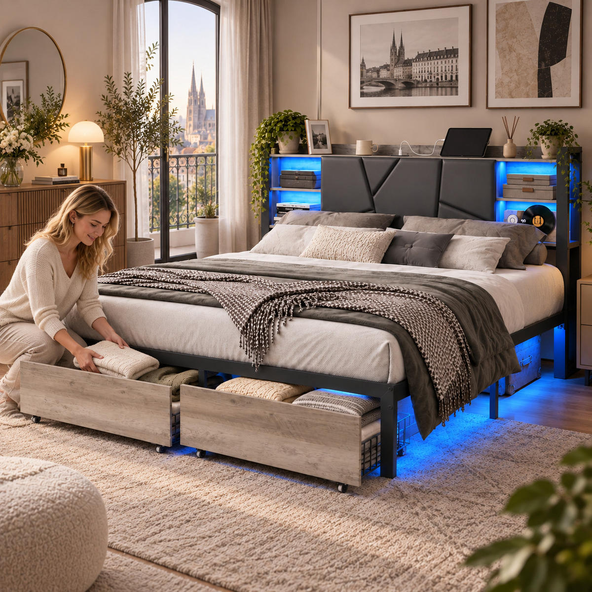 POLSTERBETT 140/200 cm mit LED & USB-Kopfteil und Schubladen, modernes Metallbett - Schwarz, Holz/Metall (140/200cm) - Joyfair