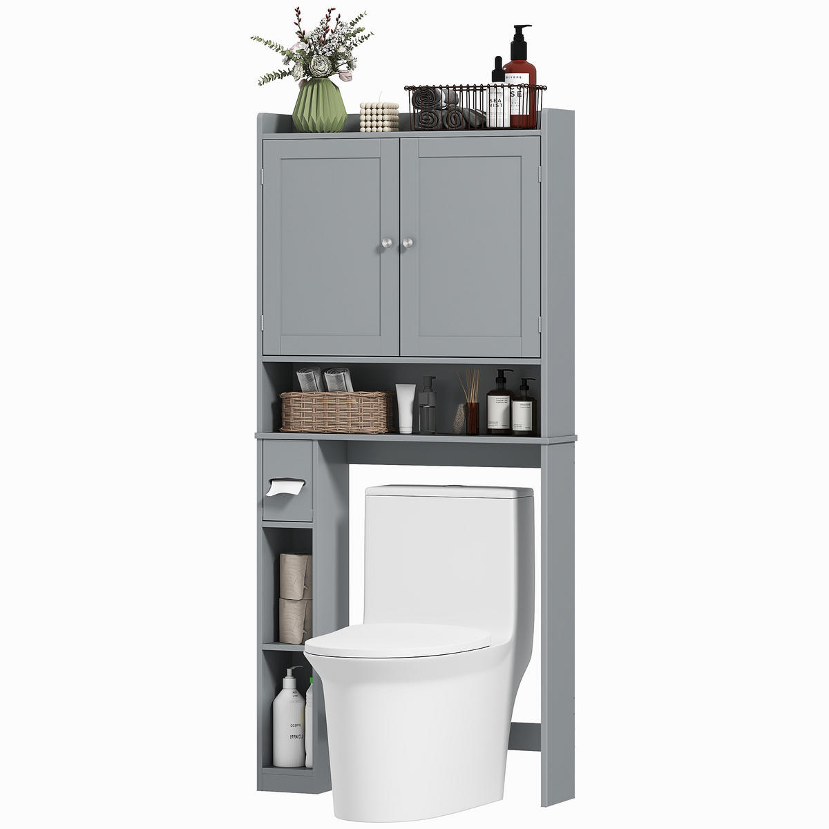 BADEZIMMERREGAL DE-15933 mit Toilettenpapierhalter Grau - Grau, Holzwerkstoff (19.5/170/80cm) - ComfortXL