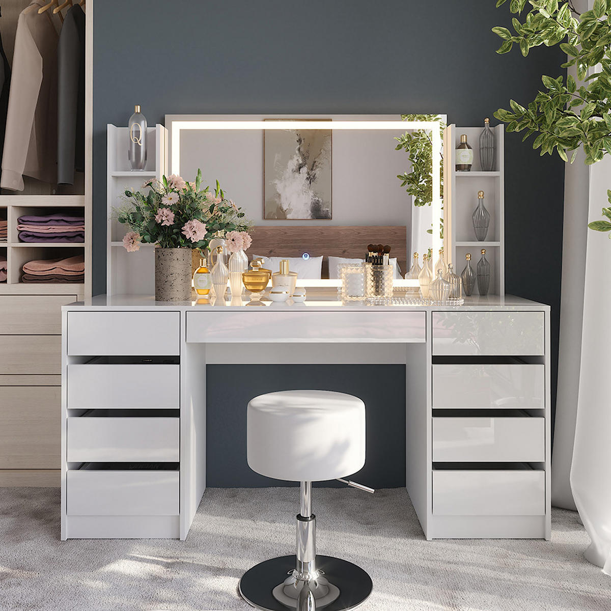 SCHMINKTISCH Sherry Weiß/Weiß Hochglanz 158.2 cm 5 Teile - Weiß Hochglanz, Holzwerkstoff (158.2/76/50.1cm) - Vicco