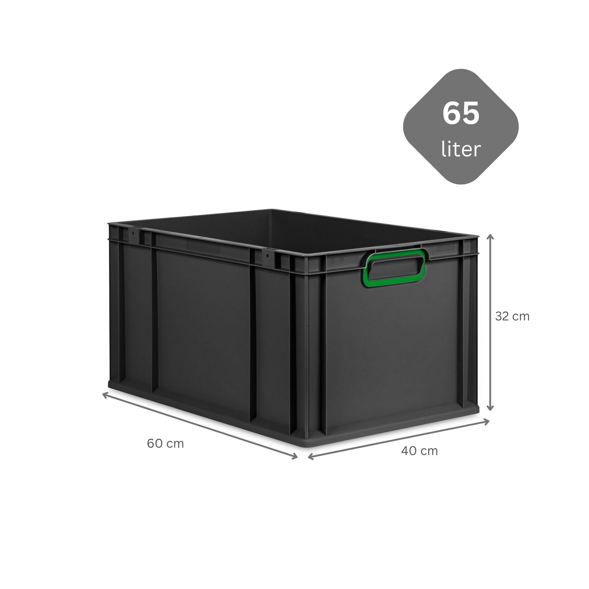 EUROBOX 3x NextGen Color 32x40x60 cm 65 Liter Griffe grün zu, Schwarz - Schwarz/Grün, Kunststoff (40/32/60cm) - PROREGAL