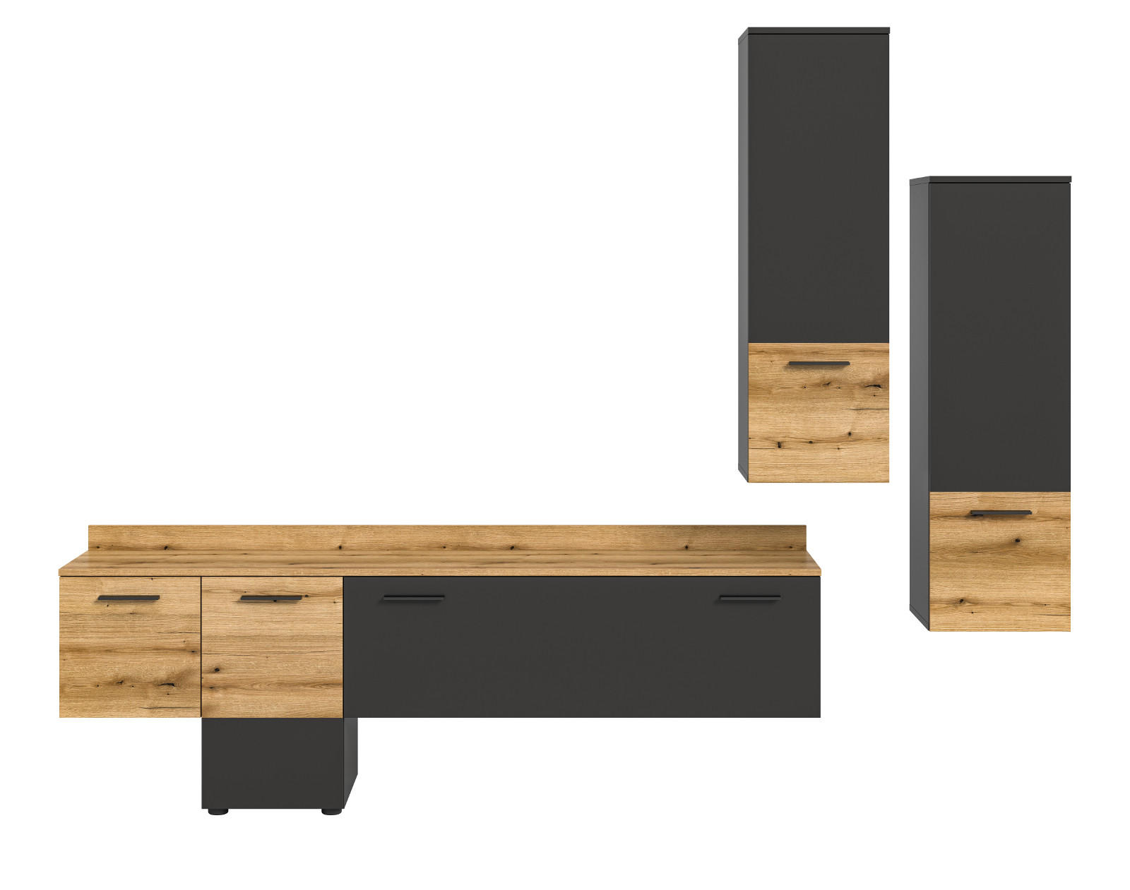 WOHNWAND 3-teilig grau, Evoke Eiche 247 cm, Schrankwand mit Soft-Close - Eichefarben/Schwarz, Holzwerkstoff/Kunststoff (247/196/37cm) - Inn.Furn