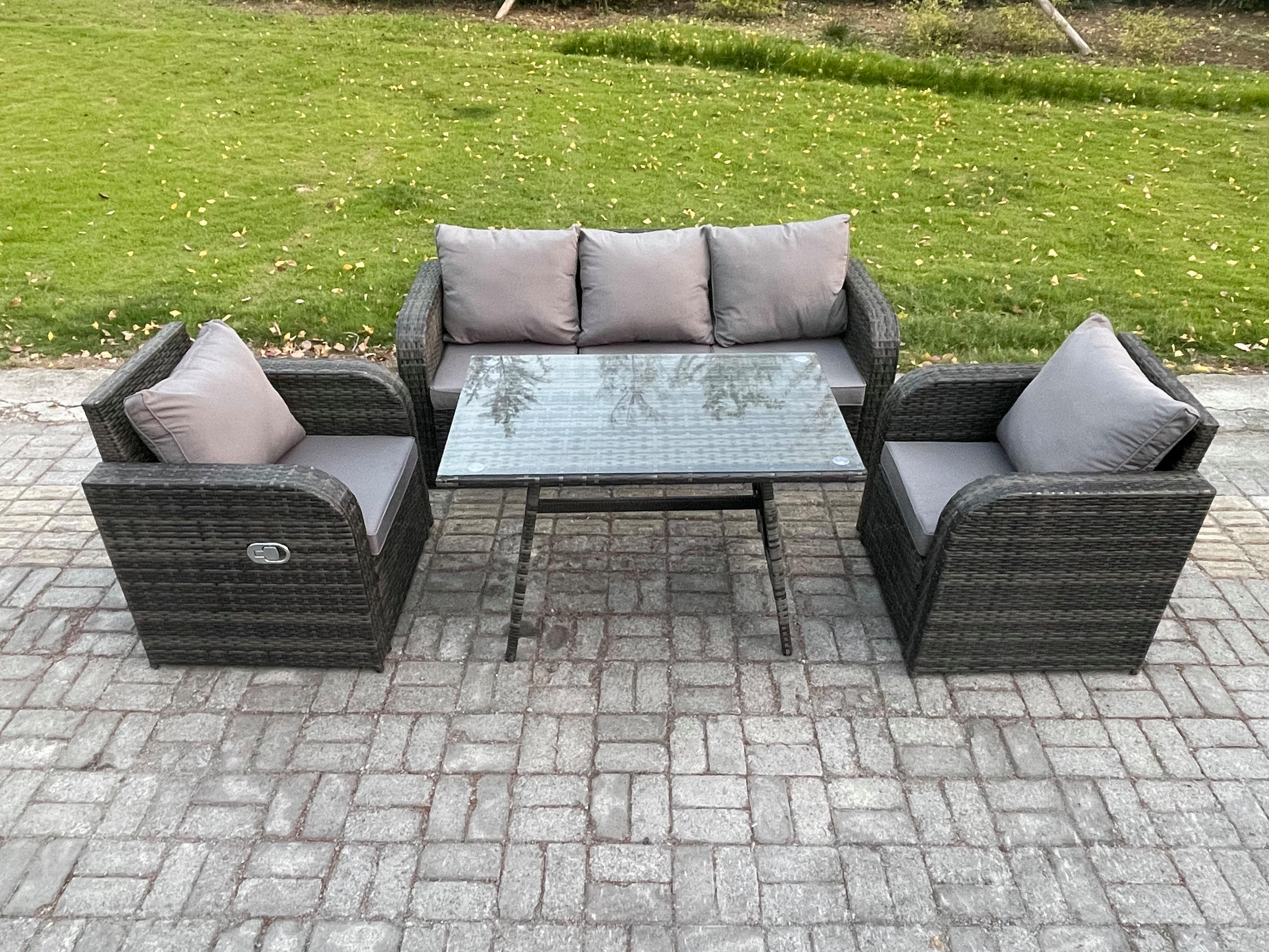 GARTENMÖBEL SET mit COUCHTISCH Polyrattan Dunkelgrau 5-Sitzer - Dunkelgrau/Grau, Glas/Kunststoff - Fimous